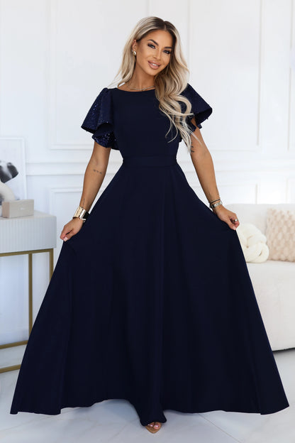 694-4 MIRELLA Elegantes ausgestelltes Maxikleid mit Pailletten-Ärmeln - marineblau
