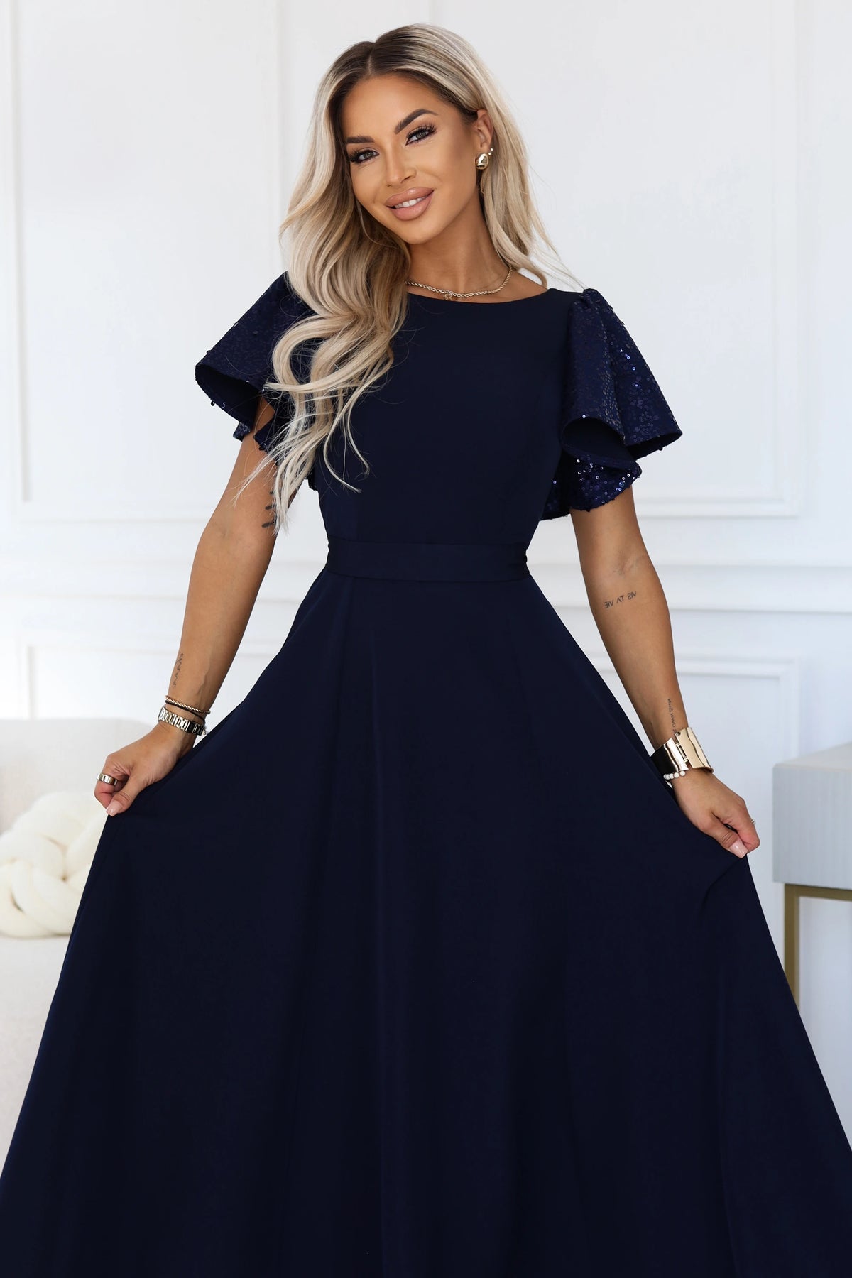 694-4 MIRELLA Elegantes ausgestelltes Maxikleid mit Pailletten-Ärmeln - marineblau
