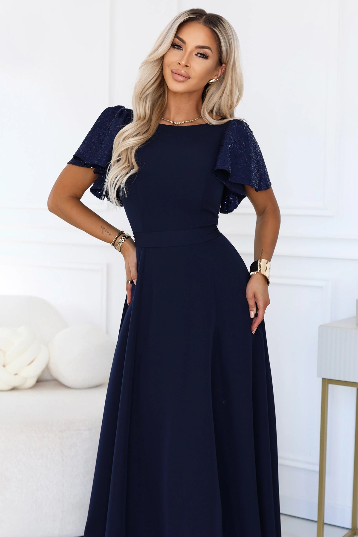 694-4 MIRELLA Elegantes ausgestelltes Maxikleid mit Pailletten-Ärmeln - marineblau
