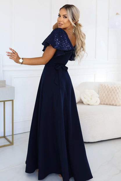 694-4 MIRELLA Elegantes ausgestelltes Maxikleid mit Pailletten-Ärmeln - marineblau
