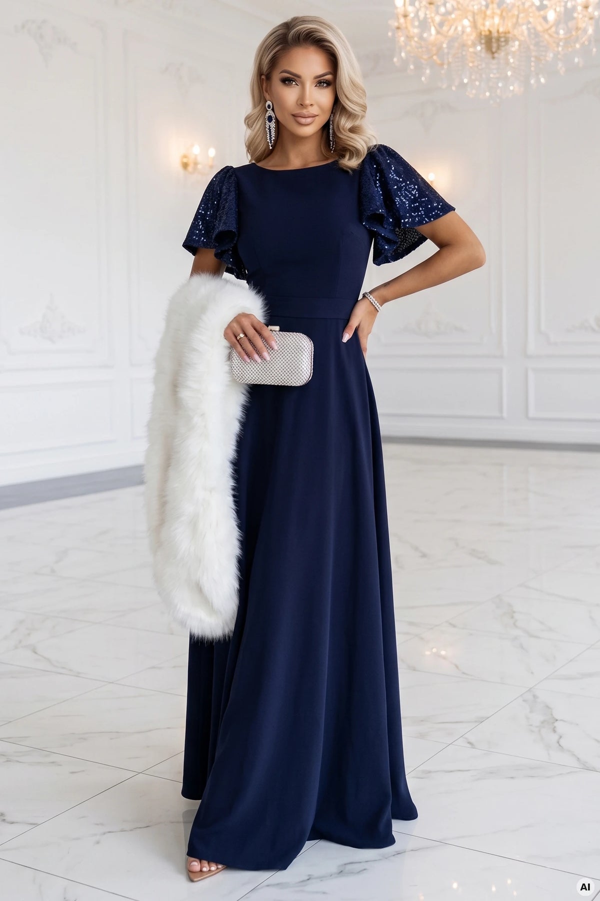 694-4 MIRELLA Elegantes ausgestelltes Maxikleid mit Pailletten-Ärmeln - marineblau
