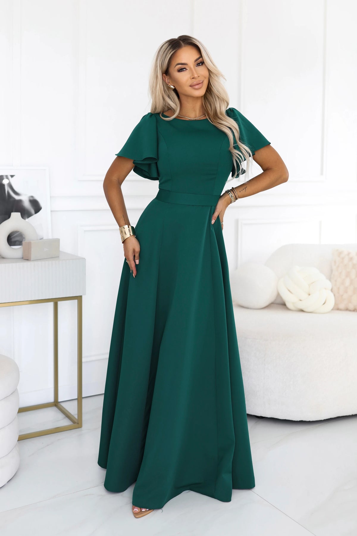 694-5 MIRELLA Ausgestelltes Maxikleid mit kurzem Ärmel - Flaschengrün