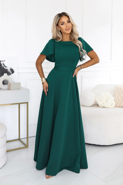 694-5 MIRELLA Ausgestelltes Maxikleid mit kurzem Ärmel - Flaschengrün