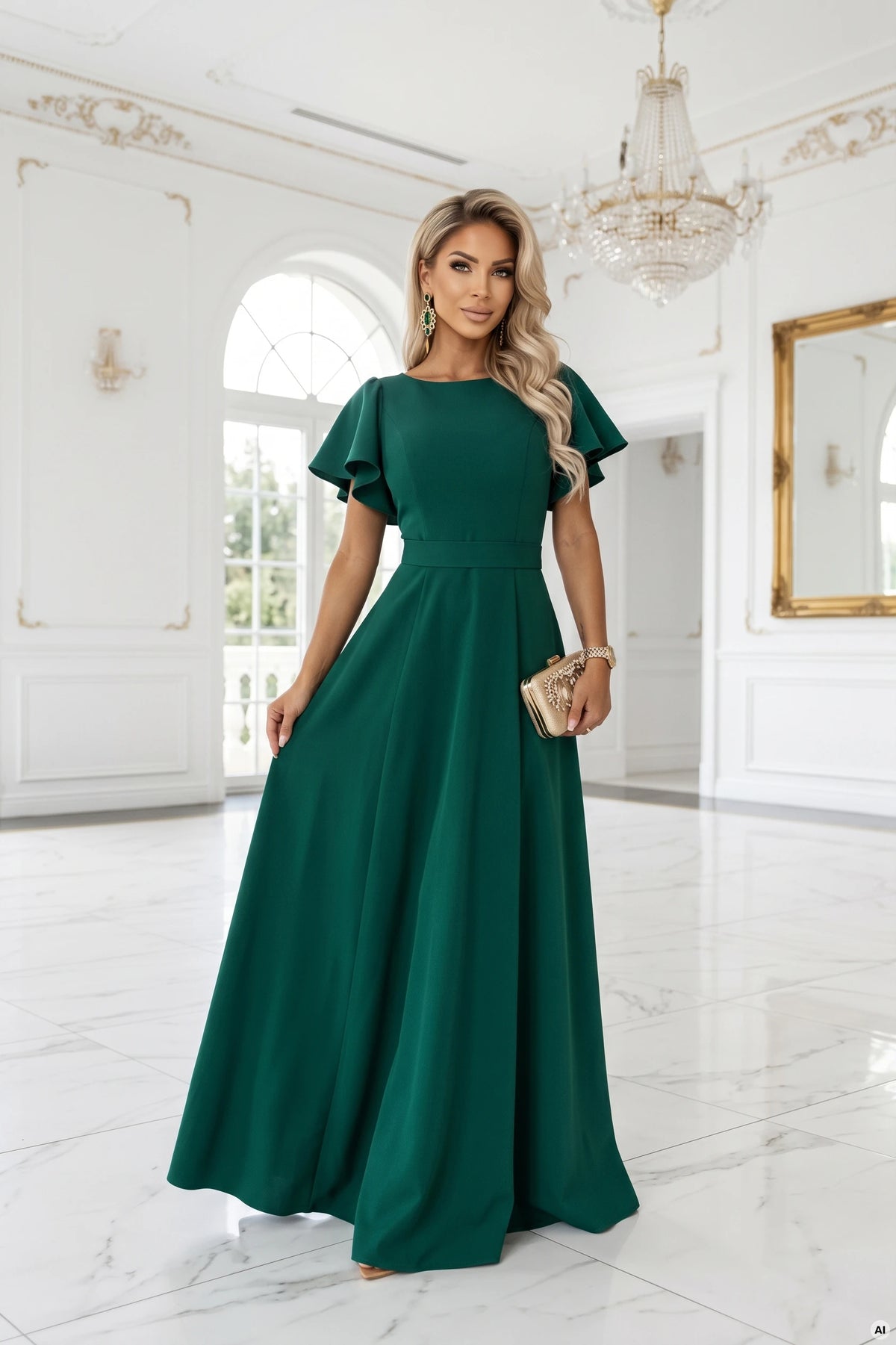 694-5 MIRELLA Ausgestelltes Maxikleid mit kurzem Ärmel - Flaschengrün