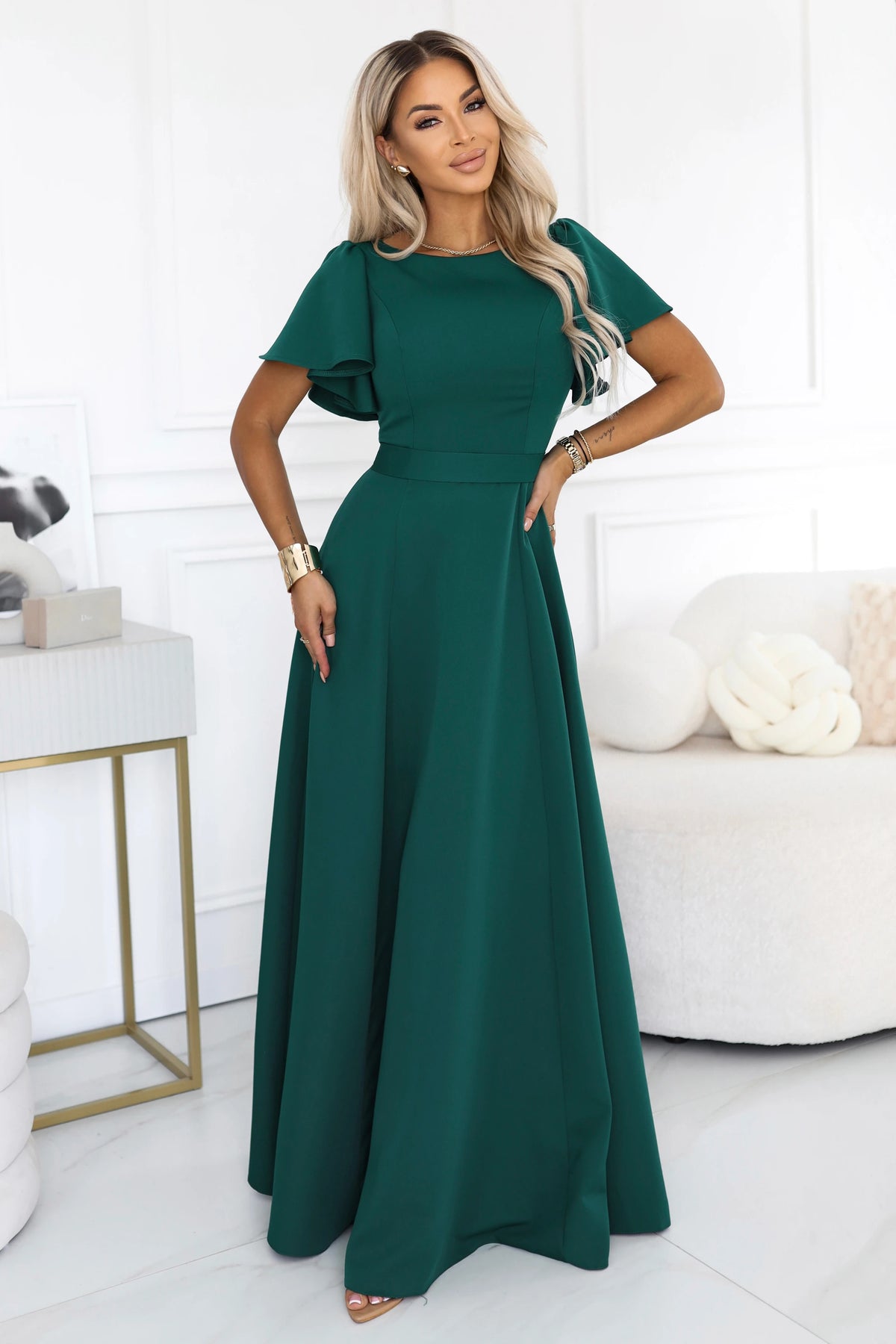 694-5 MIRELLA Ausgestelltes Maxikleid mit kurzem Ärmel - Flaschengrün