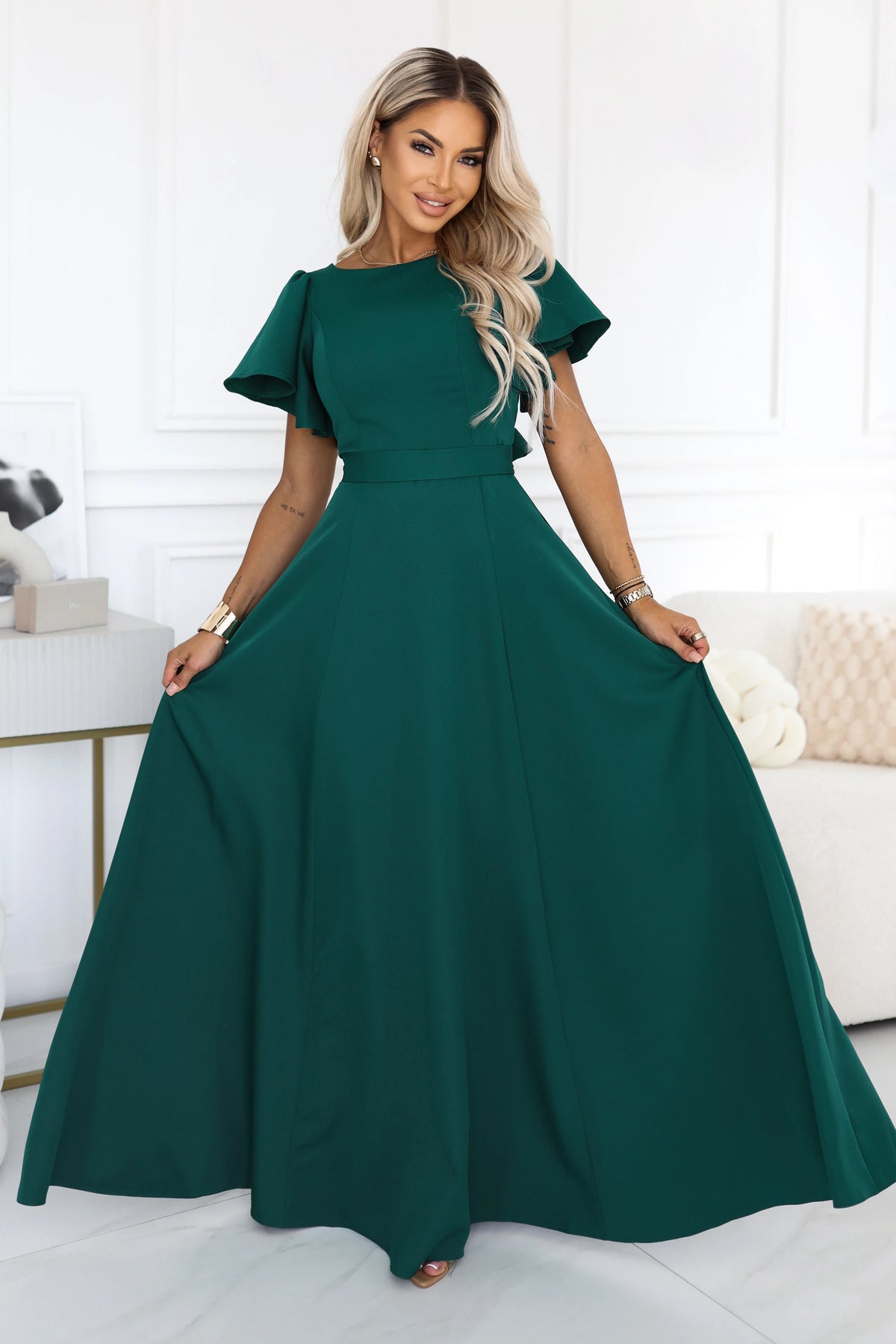 694-5 MIRELLA Ausgestelltes Maxikleid mit kurzem Ärmel - Flaschengrün