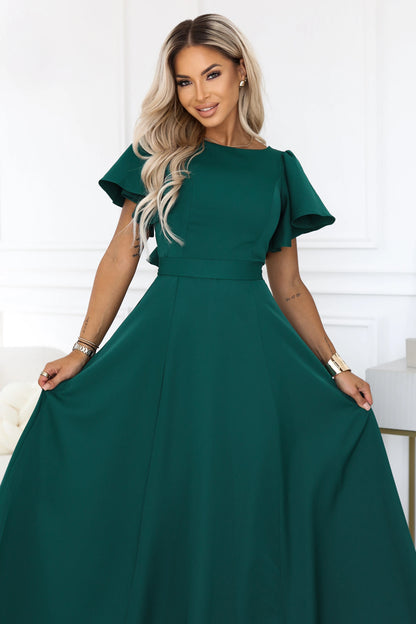 694-5 MIRELLA Ausgestelltes Maxikleid mit kurzem Ärmel - Flaschengrün