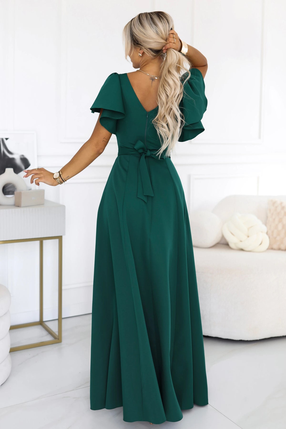 694-5 MIRELLA Ausgestelltes Maxikleid mit kurzem Ärmel - Flaschengrün