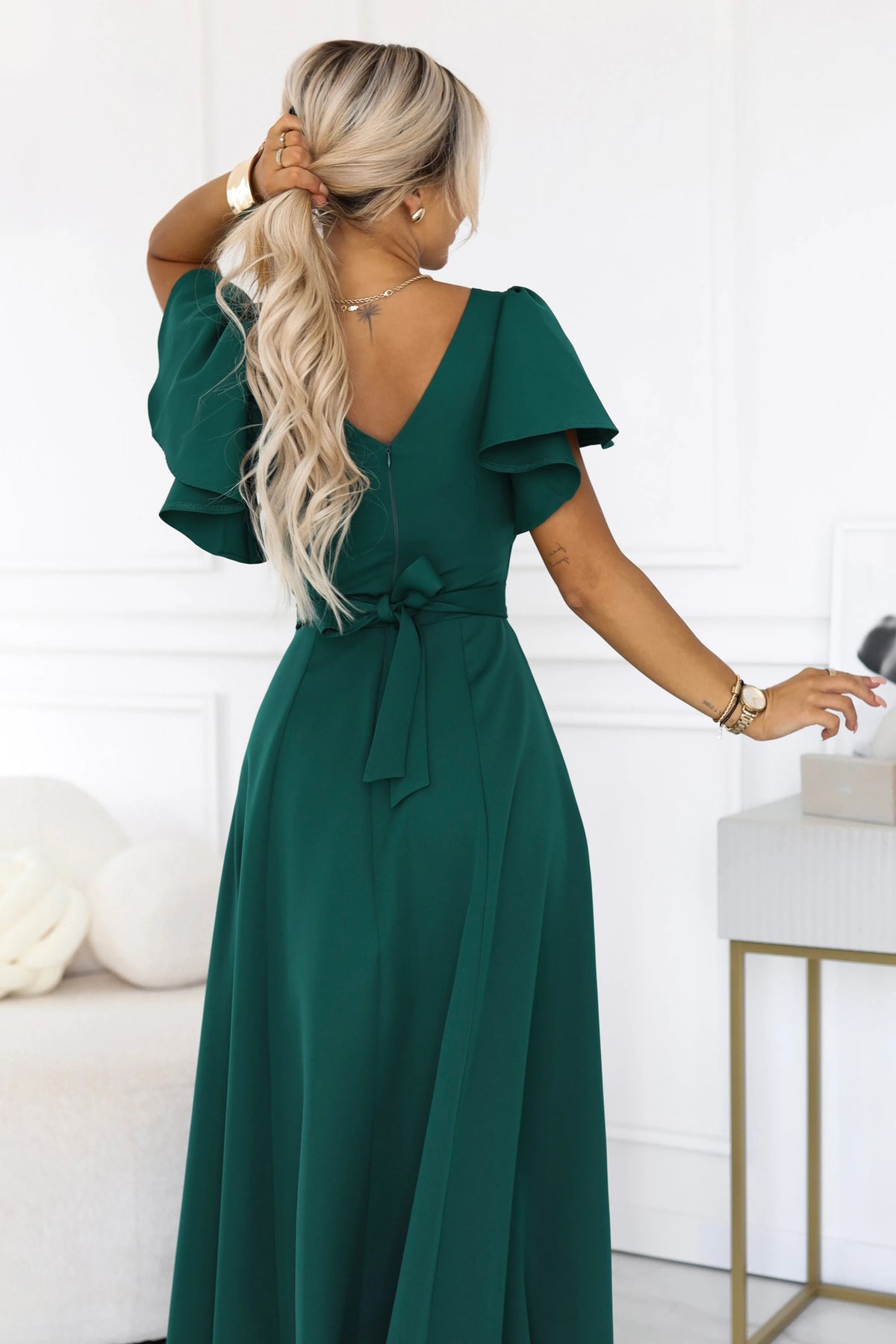 694-5 MIRELLA Ausgestelltes Maxikleid mit kurzem Ärmel - Flaschengrün