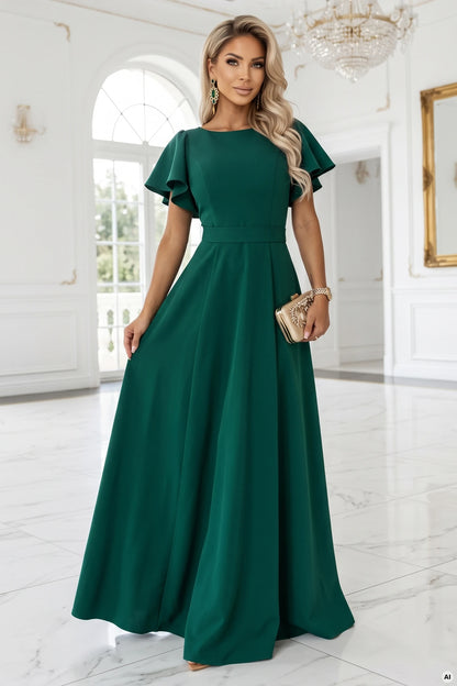 694-5 MIRELLA Ausgestelltes Maxikleid mit kurzem Ärmel - Flaschengrün
