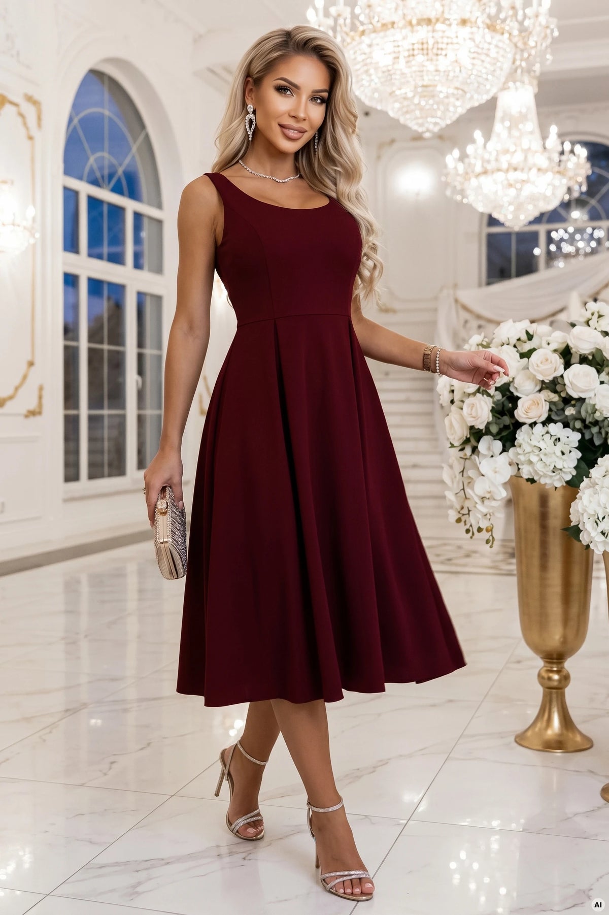 695-1 ALVA Ausgestelltes Midikleid mit breiten Trägern