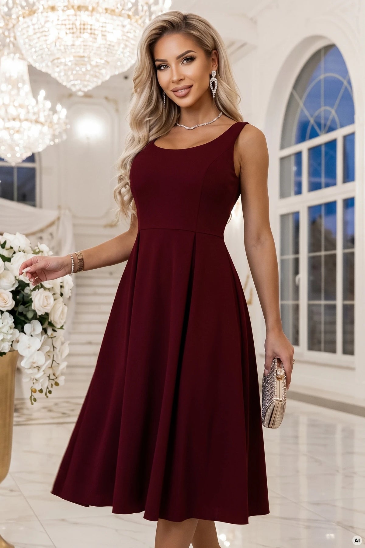 695-1 ALVA Ausgestelltes Midikleid mit breiten Trägern