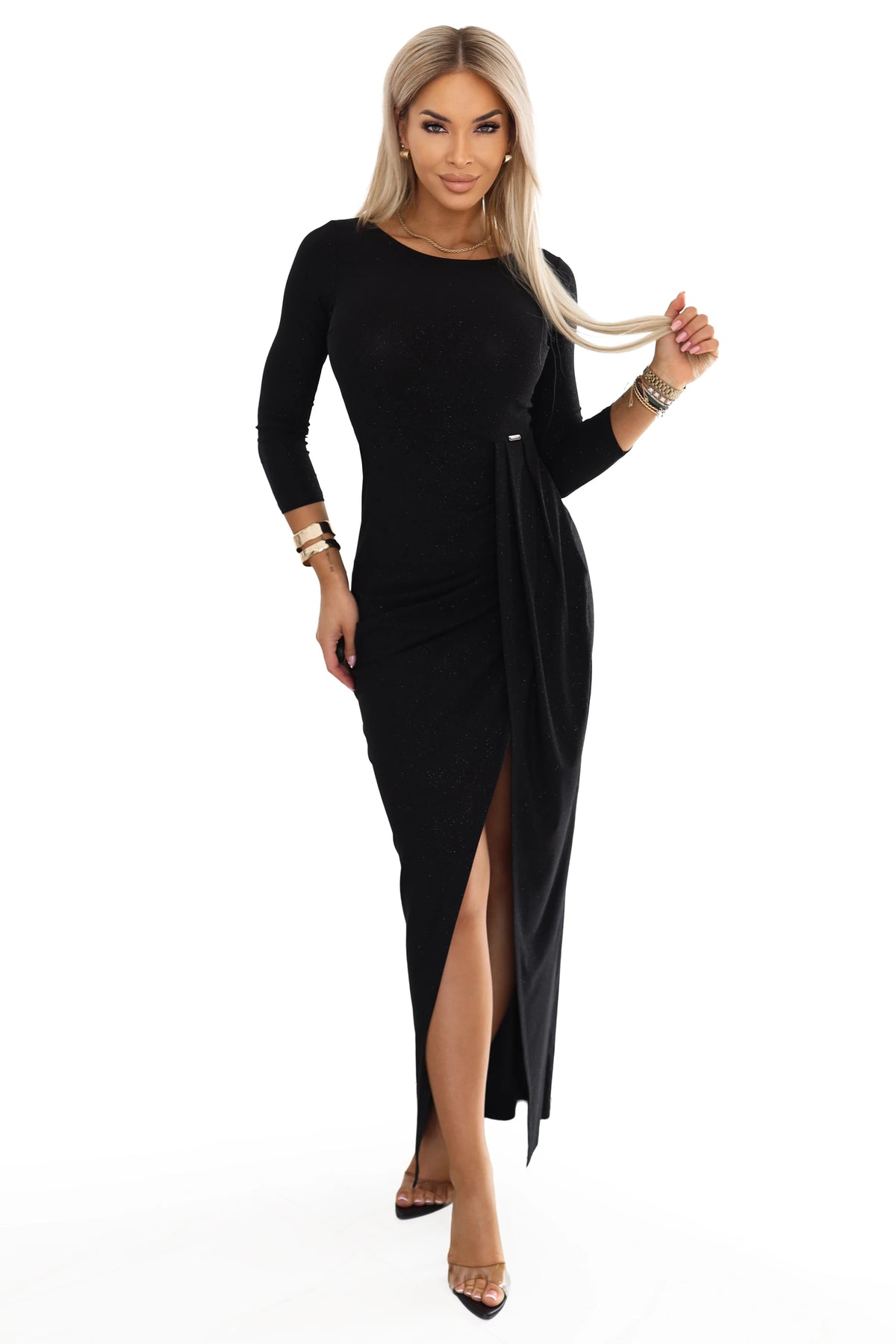 697-1 Glitzerndes langes Kleid mit Beinschlitz - schwarz mit Glitzer