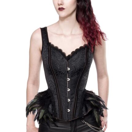 Ausgestelle Gothic-Corsage aus Brokat und Federn 2XL