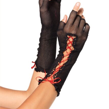 schwarze halblange fingerlose Netzhandschuhe mit Schnürung von Leg Avenue