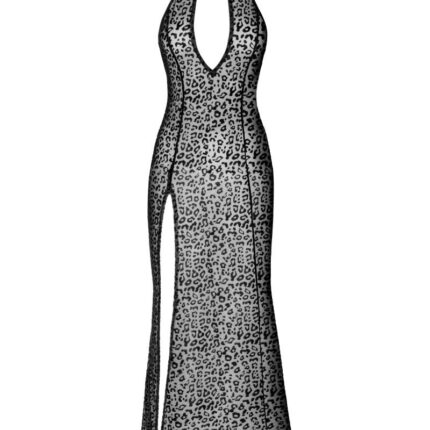 F288 Langes Flockkleid im Leoparden-Look mit Schlitz - L