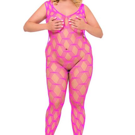 pinkes Netz-Catsuit ouvert 6254, Bodystocking von Softline Plus Size