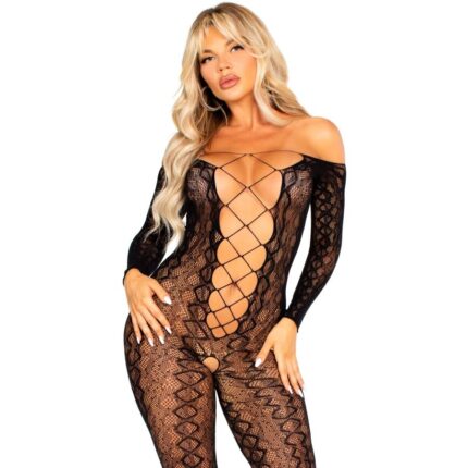 LEG AVENUE - BODYSTOCKING MIT OFFENEM SCHRITT AUS EXOTISCHER SCHLANGENSPITZE IN SCHWARZ
