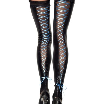 schwarze Wetlook Strümpfe ST05 L/XL mit Schnürung von MeSeduce