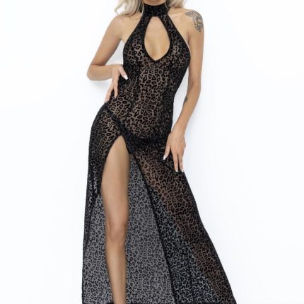 F288 Langes Flockkleid im Leoparden-Look mit Schlitz von Noir Handmade